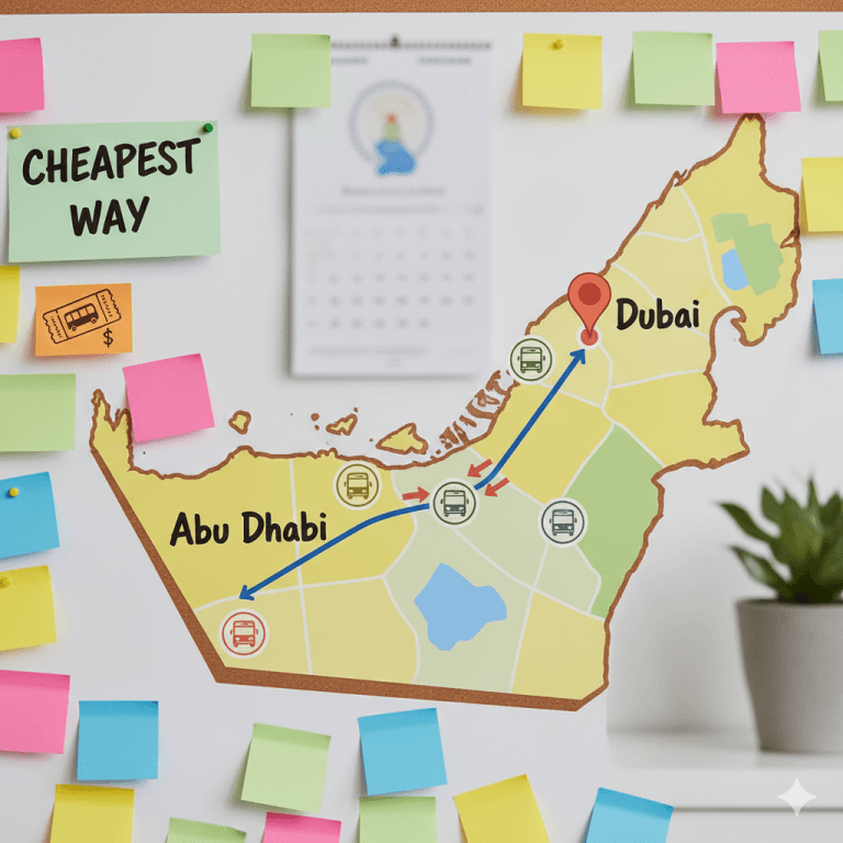 Abu Dhabi to Dubai bus E100 and E101 on the highway, showing the cheapest way to travel between the two cities