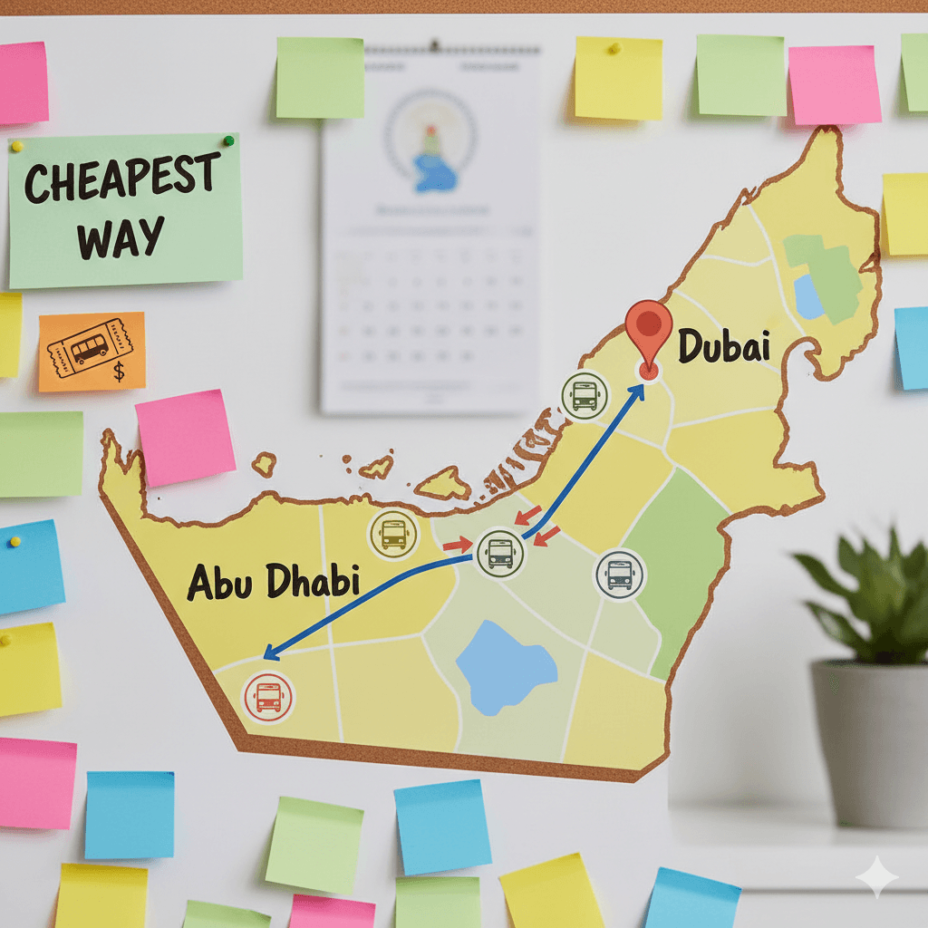 Abu Dhabi to Dubai bus E100 and E101 on the highway, showing the cheapest way to travel between the two cities