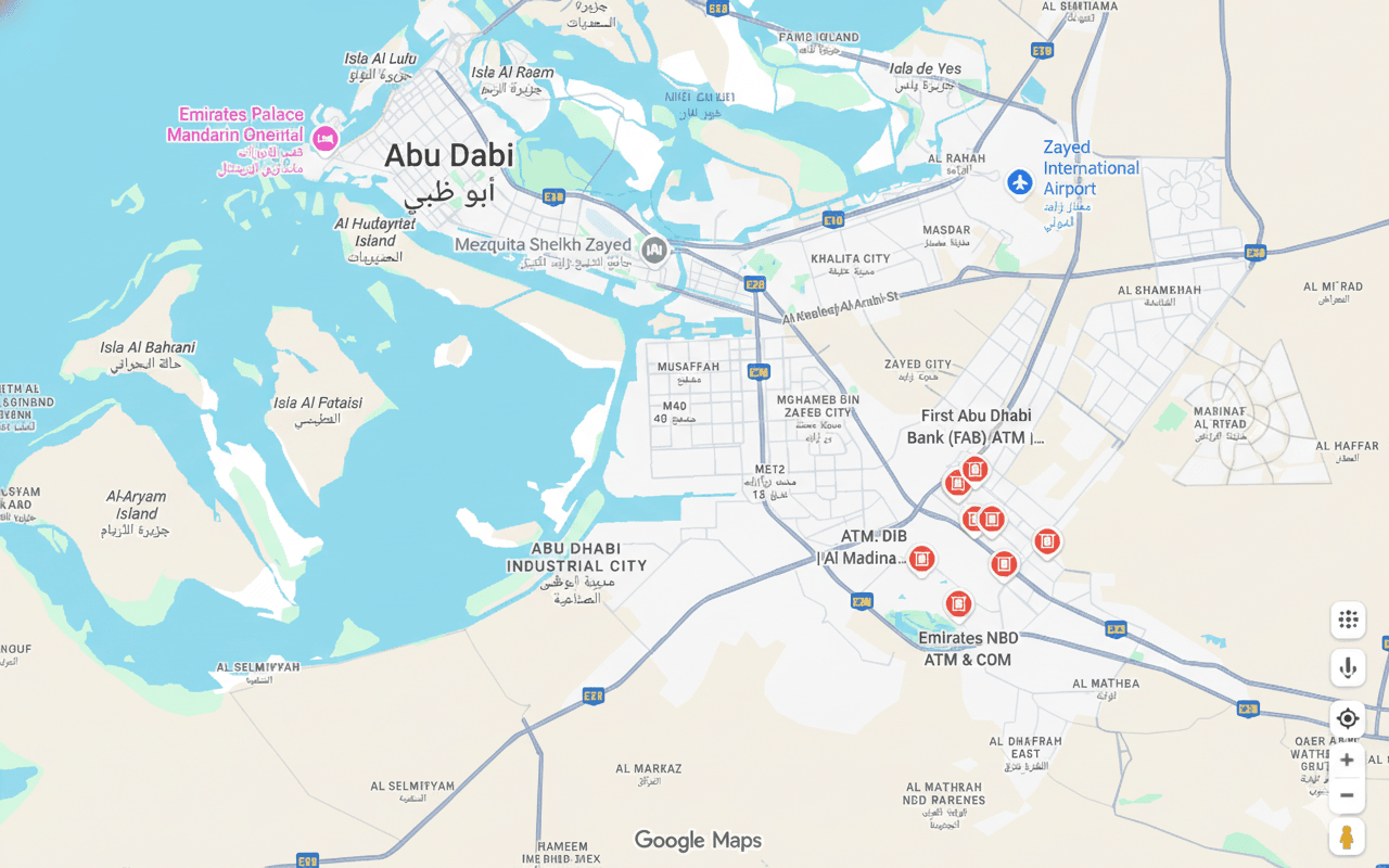 Static map showing Hafilat card recharge locations in Abu Dhabi